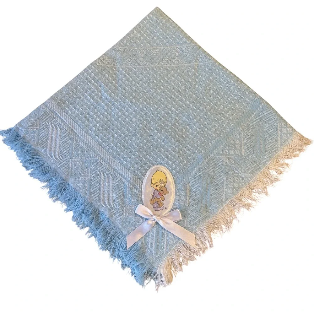 Vintage 1999 Precious Moments Blue Waffle Knit Baby Blanket Fringe Teddy Bear